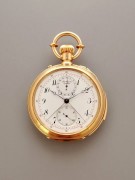 古董怀表：瑞士Jules Jürgensen追针三问，18K金53㎜表径，珐琅盘蓝钢针，累计30分钟追针计时，开关锁止，两锤两簧三问报时，专利把环调时，高等级机芯，品牌经典款，品相完美，按键柔和，报时清亮，难得赏玩收藏佳品。