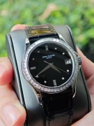百达翡丽5118P，PT950铂金材质，原镶T钻，表径37mm，黑色珐琅表盘三针日历显示，钻石刻度，透底自动机械，市面稀有，公价99.3万，双P标，11年纸，品相完美